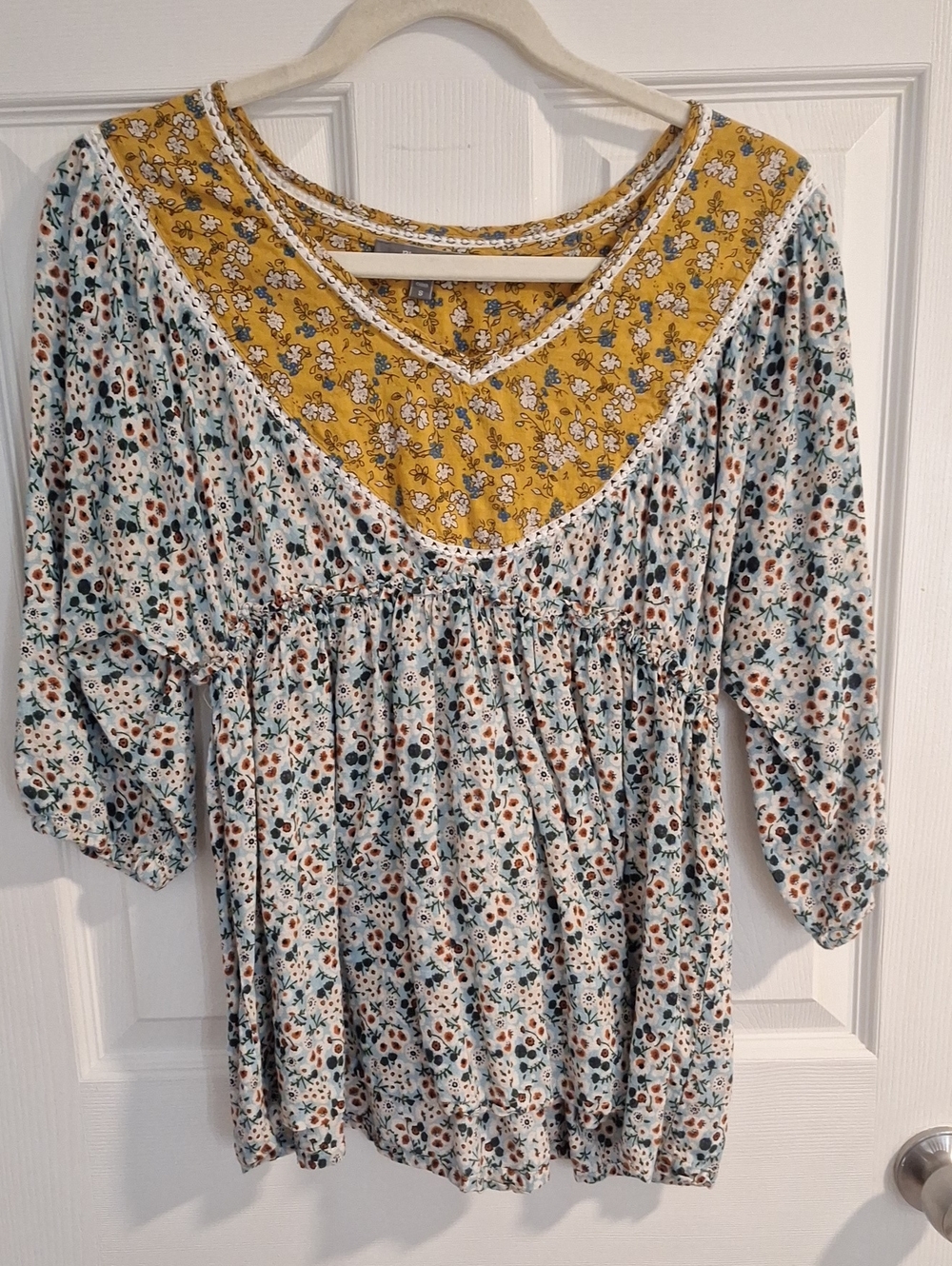 Anthropologie Blue Tassel Boho Yoke Top Small